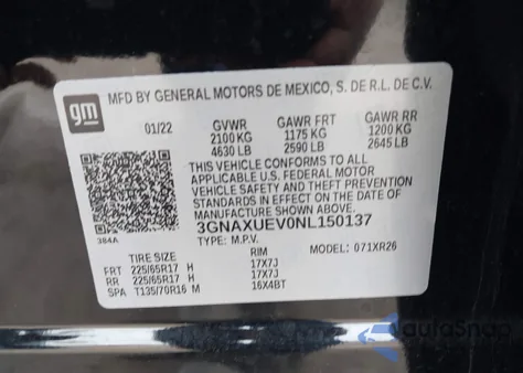 2022 Chevrolet Equinox Awd Lt z USA, uszkodzony, nr VIN 3GNAXUEV0NL150137